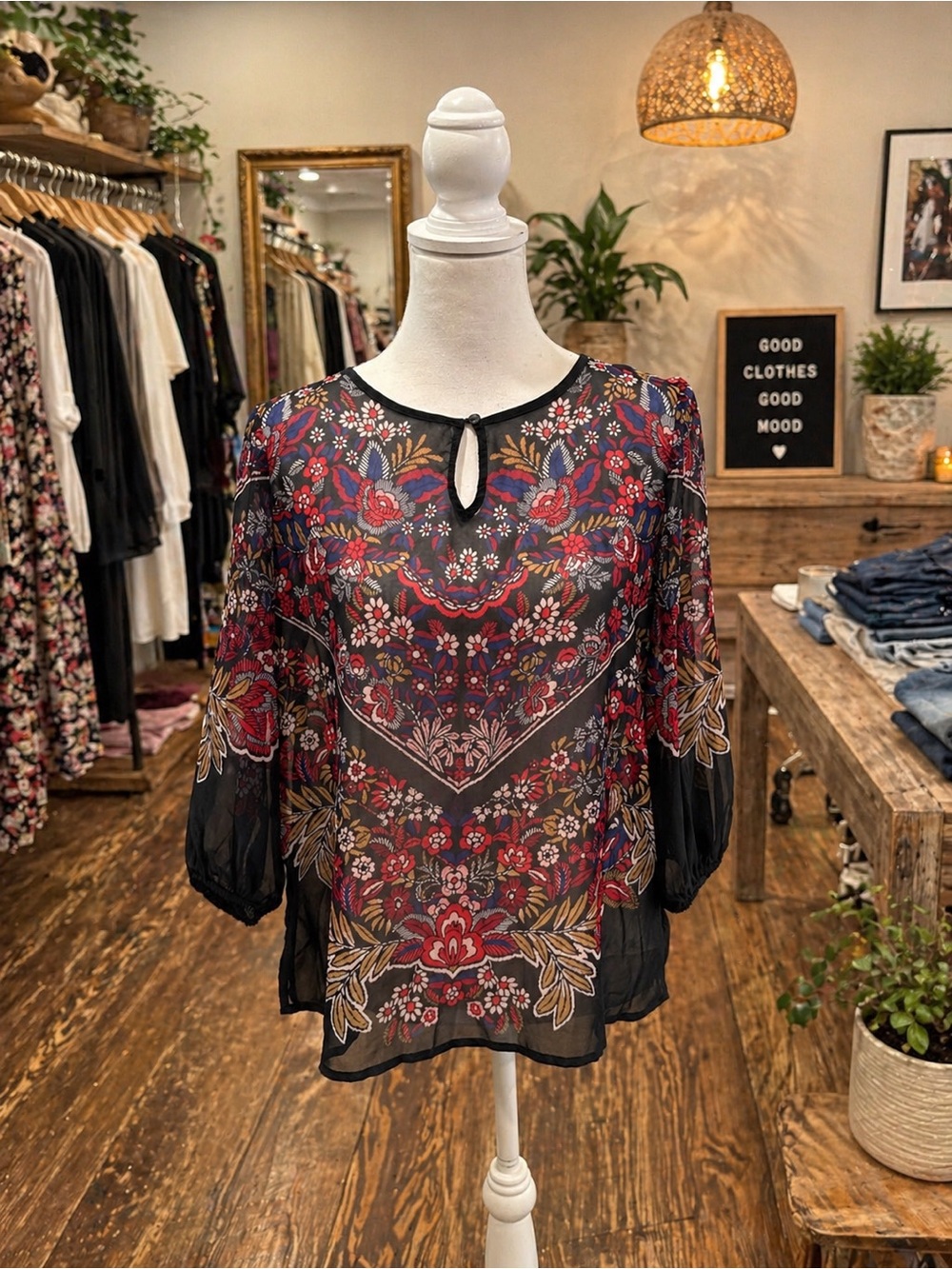 Liz Claiborne Small Sheer Floral Boho Blouse Peasant Top Lightweight